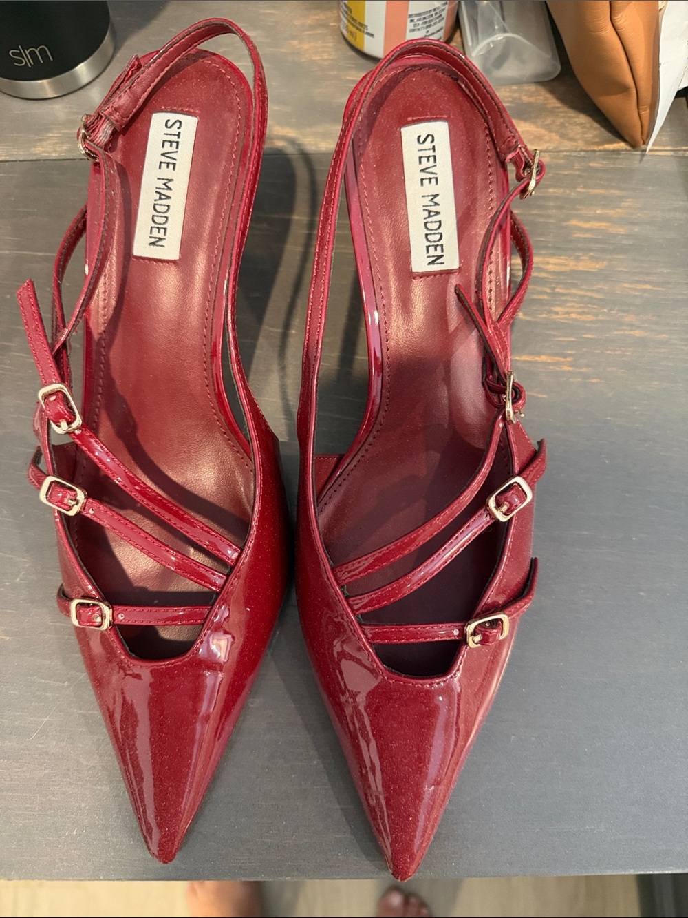 Steve Madden Burgundy Patent Pointed Toe Triple Strap Slingbacks